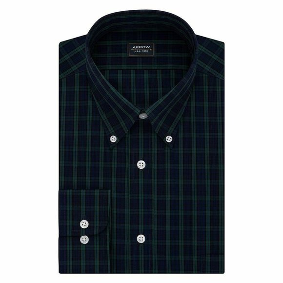 Arrow Shirt Blue Green Plaid 18.5 32/33 Classic Big Fit Wrinkle-Free Poplin Men' - Picture 1 of 16
